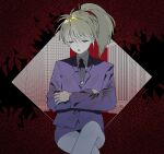  1other androgynous blonde_hair closed_eyes collared_shirt crossed_arms crossed_legs formal highres hunter_x_hunter kurapika long_hair long_sleeves miniskirt necktie ponytail purple_skirt purple_suit shirt sitting skirt solo suit wfwfwtf white_shirt wig 
