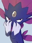  black_fur blue_fur body_fur claws feathers forehead_jewel highres no_humans owata_(twrt4388) pokemon pokemon_(creature) red_eyes red_feathers solo tail weasel weavile yellow_gemstone 