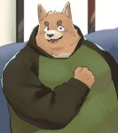  2023 absurd_res anthro belly big_belly brown_body brown_fur canid canine canis clothing domestic_dog en_1_9 fur hi_res hoodie humanoid_hands kemono male mammal overweight overweight_male portrait solo topwear 