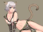  1girl animal_ear_fluff animal_ears avatar_(ff11) blue_eyes blunt_bangs breasts brown_tail cactus41747280 cat_ears cat_girl cat_tail cleavage closed_mouth facial_mark final_fantasy final_fantasy_xi green_background grey_hair highres loincloth medium_breasts mithra_(ff11) navel parted_bangs pink_pupils short_hair simple_background smile solo tail tail_raised whisker_markings 
