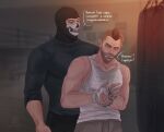  2boys bandaged_hand bandages black_hair black_pants black_shirt blood brown_pants call_of_duty call_of_duty:_modern_warfare_2 facial_hair ghost_(modern_warfare_2) highres injury large_pectorals looking_at_another male_focus mask multiple_boys muscular muscular_male pants pectorals shirt short_hair sidecut skull_mask smile soap_(modern_warfare_2) tank_top translation_request vvozduha white_tank_top 