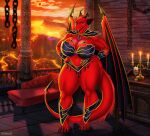 anthro armor barefoot big_breasts bikini_armor breasts candle chain chair crystal crystal_necklace dragon feet female fire furniture glass greaves hair horn huge_breasts jewelry lava membrane_(anatomy) membranous_wings mountain muscular muscular_female navel necklace red_body red_eyes red_hair red_scales sarlena scales shoulder_guards solo telex unconvincing_armor wings xensoi 