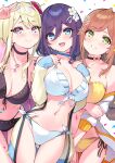  3girls :d bare_shoulders bikini black_bikini black_choker blonde_hair blue_bikini blue_choker blue_eyes blush breasts brown_hair choker cleavage closed_mouth collarbone commentary_request cowboy_shot dot_nose earrings flower green_eyes grin groin hair_between_eyes hair_flower hair_ornament hanamomo_yae_(hisen_kaede) hand_up highres hisen_kaede jewelry konno_uzu_(hisen_kaede) large_breasts legs_together long_hair looking_at_viewer medium_hair multiple_girls navel off_shoulder open_clothes open_mouth open_shirt original out_of_frame parted_bangs pendant pink_eyes purple_hair raised_eyebrows red_flower shirt side-by-side smile stomach straight_hair striped striped_bikini swept_bangs swimsuit teeth thigh_gap thighs tojo_senri_(hisen_kaede) two-tone_eyes v white_bikini yellow_bikini yellow_shirt 