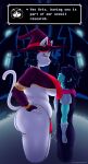  2023 5_fingers absurd_res anthro black_hair blue_eyes bodily_fluids breasts butt catti_(deltarune) clothing deltarune dialogue domestic_cat duo english_text felid feline felis female fingers fur hair hat headgear headwear hi_res highlights_(coloring) human kris_(deltarune) male mammal princeofchilledbros red_highlights sweat tail text undertale_(series) white_body white_fur witch_hat yellow_sclera 