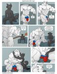  anthro bedroom blue_body blue_fur canid canine canis clothing comic dialogue duo english_text erection fur hi_res huge_pecs juano kissing male male/male mammal muscular muscular_anthro muscular_male russian_flag russian_text sergei_(juano) size_difference text thong underwear wolf 