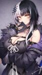  1girl black_hair black_nails book breasts cleavage coat fur-trimmed_coat fur_trim grey_background highres hololive hololive_english jewelry large_breasts multicolored_hair oopartz_yang ring shiori_novella smile split-color_hair virtual_youtuber white_hair yorick_(shiori_novella) 