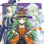  3girls absurdres animal_hands blue_dress blunt_bangs candy_hair_ornament cat_hair_ornament cat_paws dress drill_hair fire_emblem fire_emblem:_three_houses fire_emblem_heroes flayn_(fire_emblem) flayn_(halloween)_(fire_emblem) food-themed_hair_ornament gloves green_eyes green_hair hair_ornament hands_on_own_hips hat highres holding holding_staff long_hair long_sleeves looking_at_viewer midori_no_baku mother_and_daughter multiple_girls orange_dress paw_pose puffy_sleeves rhea_(fire_emblem) rhea_(halloween)_(fire_emblem) smile sothis_(fire_emblem) sothis_(halloween)_(fire_emblem) staff star_(symbol) teeth twin_drills twitter_username very_long_hair white_dress white_gloves wide_sleeves witch_hat 