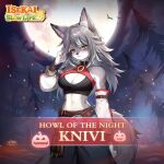  1girl animal_ears bat_(animal) black_choker black_tank_top breasts character_name choker closed_mouth copyright_name cross_scar detached_sleeves full_moon furry furry_female grey_hair grey_tail isekai:_slow_life knivi:_(isekai:_slow_life) logo long_hair looking_at_viewer medium_breasts moon official_art pine_tree pumpkin scar solo tail tank_top tree wolf_ears wolf_girl wolf_tail yellow_eyes 