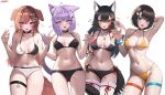  4girls absurdres ahoge animal_collar animal_ear_fluff animal_ears armpits bare_shoulders bikini black_bikini black_bra black_choker black_hair black_panties blue_eyes blush bone_hair_ornament bra breasts brown_eyes brown_hair cat_ears cat_girl cat_tail choker cleavage collar collarbone dog_ears dog_girl dog_tail dress_shirt english_commentary fang fangs flipped_hair food front-tie_bikini_top front-tie_top hair_between_eyes hair_ornament hairclip halterneck highleg highleg_swimsuit highres hololive inugami_korone kkato lace lace-trimmed_bra lace_trim large_breasts lingerie long_hair looking_at_viewer medium_breasts multicolored_hair multiple_girls navel nekomata_okayu o-ring o-ring_choker onigiri ookami_mio oozora_subaru open_mouth panties presenting_armpit purple_eyes purple_hair red_choker red_hair see-through shirt short_hair sideboob skin_fang skin_fangs smile solo stomach streaked_hair string_bikini subaru_duck swept_bangs swimsuit tail tail_around_own_leg tail_wrap thigh_strap thighhighs thighs two-tone_bikini two-tone_bra underboob underwear underwear_only virtual_youtuber white_panties white_thighhighs wolf_ears wolf_girl wolf_tail yellow_bikini yellow_eyes yellow_nails 