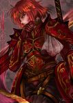  1girl arm_guards armor blood blood_on_clothes blood_on_face breastplate cape fire_emblem fire_emblem:_mystery_of_the_emblem fire_emblem:_shadow_dragon_and_the_blade_of_light headband highres holding holding_weapon injury minerva_(fire_emblem) pauldrons red_eyes red_hair short_hair shoulder_armor solo upper_body weapon zantetsukennn 