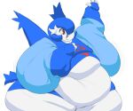  absurd_res ambiguous_gender belly blue_clothing clothing fusion gardevoir generation_3_pokemon hi_res jiggling latios legendary_pokemon morbidly_obese morbidly_obese_ambiguous nintendo obese obese_ambiguous overweight overweight_ambiguous pokemon pokemon_(species) pokemon_fusion raised_arm red_eyes simple_background smile solo tdookus thick_thighs topwear white_body 
