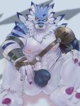  2023 abs anthro bandai_namco biceps black_nose bulge claws clothed clothing digimon digimon_(species) fur genital_outline male muscular muscular_anthro muscular_male nipples pecs penis_outline piercing salz_sop solo weregarurumon white_body white_fur 