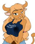  2023 2_horns anthro bedroom_eyes big_breasts bodily_fluids bottomwear bovid bovine breast_squish breasts brown_body brown_fur brown_hair cattle clothed clothing crop_top curvy_figure cutoffs denim denim_clothing digital_drawing_(artwork) digital_media_(artwork) eyelashes female fingers fur hair hi_res horn lactating lactating_through_clothing long_hair long_tail looking_at_viewer mammal midriff narrowed_eyes sandwich-anomaly seductive shirt shorts simple_background skimpy smile solo squish tail tail_tuft teal_eyes topwear tuft voluptuous wet wet_clothing white_background wide_hips 
