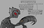  anthro avian bird blitzo_(helluva_boss) clothing dialogue duo eye_contact frown grey_background hair helluva_boss hi_res holding_face horn imp looking_at_another male owl owl_demon red_eyes robe short_hair simple_background smile speech_bubble stolas_(helluva_boss) teathekook text white_text worried worried_face worried_look yellow_eyes 