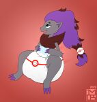  2023 anthro biped blue_eyes candy claws clothed clothing dessert diaper diaper_only fan_character food front_view fur generation_5_pokemon grey_body grey_fur hair hi_res imces looking_pleasured male marshmallow messing_diaper mostly_nude nintendo open_mouth pokeball pokeball_diaper pokemon pokemon_(species) premier_ball purple_claws purple_hair red_background shiny_pokemon simple_background sitting solo tongue tongue_out topless wearing_diaper zor_(nya4) zoroark 