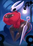  angstrom anthro arthropod big_breasts black_body breasts cleavage cleavage_cutout clothed clothing empty_eyes female hi_res hollow_knight hornet_(hollow_knight) huge_breasts nail_(weapon) nipple_outline non-mammal_breasts solo sweater team_cherry topwear yarn 