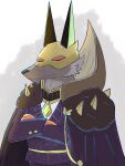  2023 absurd_res anthro anubian_jackal biped canid canine canis chihuahua_1003 clothed clothing coat coat_cape crossed_arms dated dislyte fur grey_body grey_fur half-length_portrait hi_res jackal long_ears male mammal mask portrait purple_clothing purple_coat purple_topwear red_eyes sander_(dislyte) signature simple_background smile solo suit topwear white_background 