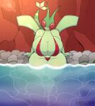  absurd_res anthro big_breasts bikini breasts cleavage clothed clothing female flygon generation_3_pokemon hexami hi_res huge_breasts nintendo pokemon pokemon_(species) solo swimwear thick_thighs water 
