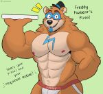  2023 abs anthro barazoku bear biceps big_muscles box bulge clothed clothing container delivery_(commerce) dialogue ear_piercing ear_ring emanata english_text eyebrows facial_markings five_nights_at_freddy&#039;s five_nights_at_freddy&#039;s:_security_breach fur glamrock_freddy_(fnaf) green_background hand_behind_back hat head_markings headgear headwear hi_res holding_object huge_muscles jockstrap jockstrap_only looking_at_viewer male mammal markings muscular muscular_anthro muscular_male navel nipples obliques open_mouth open_smile pecs piercing pizza_box ring_piercing ruffusbleu scottgames simple_background smile solo standing steel_wool_studios talking_to_viewer teeth text top_hat topless topless_anthro topless_male tuft underwear underwear_only url wide_eyed 