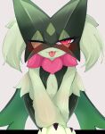  anthro biped blush eyelashes female front_view generation_9_pokemon hi_res himimi meowscarada nintendo one_eye_closed pink_body pokemon pokemon_(species) red_eyes simple_background solo tongue tongue_out white_background 