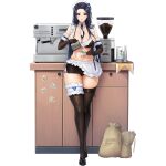  05565 1girl apron ass_visible_through_thighs between_breasts bikini black_bikini black_footwear black_gloves black_skirt blue_bracelet blue_eyes blue_hair blush bracelet breasts cafe character_sticker coffee_bag coffee_beans coffee_grinder coffee_maker_(object) collar counter cup detached_collar disposable_cup elbow_gloves english_text frilled_apron frilled_gloves frilled_straps frills full_body game_cg gloves half-skirt highres holding holding_cup invincible_dragon_(last_origin) jewelry large_breasts last_origin lips long_hair looking_at_viewer maid_bikini maid_cafe microskirt milk multicolored_necktie navel necktie necktie_between_breasts nereid_(last_origin) o-ring o-ring_top official_alternate_costume official_art panties panty_peek pen pencil_skirt pouring sack safety_pin shoes side_slit sirene_(last_origin) skindentation skirt smile sticker stirring_rod string_bikini swimsuit tachi-e teacup thetis_(last_origin) thigh_strap thighhighs transparent_background underwear undine_(last_origin) white_apron white_collar 