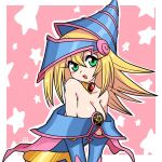  1girl :d bare_shoulders blonde_hair blue_dress blue_headwear breasts cleavage collarbone commentary_request dark_magician_girl dress green_eyes hair_between_eyes highres long_hair looking_at_viewer medium_breasts muu_(mumumer) off-shoulder_dress off_shoulder outline pentagram pink_background smile solo starry_background two-tone_background white_background white_outline yu-gi-oh! 