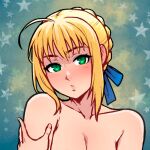  1girl ahoge akairiot artoria_pendragon_(fate) bare_shoulders blonde_hair blush braid breasts commentary english_commentary fate/stay_night fate_(series) green_eyes hair_ribbon looking_at_viewer medium_breasts nude parted_lips ribbon saber short_bangs short_hair solo star_(symbol) upper_body 