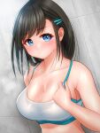  1girl :i :t against_wall black_hair blue_eyes blush bra_tug breasts cleavage collarbone commentary dutch_angle eyelashes hair_ornament hairclip highres large_breasts long_bangs looking_at_viewer midriff_peek original pout shi_zu_ne sidelocks sports_bra steam sweat upper_body wall 