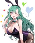  1girl ;d animal_ears bare_shoulders bent_over black_hairband blush bow bowtie breasts brown_pantyhose detached_collar ear_piercing earrings fake_animal_ears fake_tail green_bow green_bowtie green_hair hair_behind_ear hairband heart highleg highleg_leotard highres index_finger_raised jewelry keikesu large_breasts leotard long_hair looking_at_viewer mole mole_on_breast one_eye_closed pantyhose piercing playboy_bunny purple_eyes purple_leotard rabbit_ears rabbit_tail simple_background smile solo strapless strapless_leotard swept_bangs tail traditional_bowtie transparent_background very_long_hair virtual_youtuber vspo! wrist_cuffs yakumo_beni 