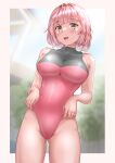  1girl ass_visible_through_thighs breasts brown_eyes commentary_request competition_swimsuit cowboy_shot highres impossible_clothes impossible_swimsuit large_breasts mashinatsu one-piece_swimsuit original pink_hair red_one-piece_swimsuit short_hair sleeveless sleeveless_turtleneck smile solo swimsuit turtleneck two-tone_swimsuit 