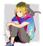  1boy animal_on_shoulder blonde_hair blue_footwear blue_shirt border cat cat_on_shoulder chain collarbone conco_(kitakazeconcon) grey_background grey_pants haikyuu!! jacket jacket_on_shoulders kozume_kenma male_focus pants red_jacket shirt short_hair t-shirt whiskers white_border yellow_eyes 