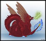  alternate_version_at_source belly big_belly black_border blue_body blue_eyes blue_feathers blue_pawpads border burping butt dragon feathers feral gradient_background hair horn male oral_vore overweight pawpads red_body red_hair simple_background skeletalheart vore wings yellow_horn 