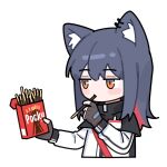  1girl animal_ears arknights black_gloves black_hair blush_stickers brown_eyes chibi ear_piercing eating fingerless_gloves food gloves holding holding_food huang_qing_ye id_card jacket lowres piercing pocky red_hair simple_background solo texas_(arknights) upper_body white_background white_jacket wolf_ears wolf_girl 