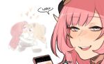  3girls aponia_(honkai_impact) blonde_hair blue_eyes blush eden_(honkai_impact) elysia_(honkai_impact) hair_ornament heart honkai_(series) honkai_impact_3rd kiss long_hair looking_at_viewer maiqo multiple_girls open_mouth pink_hair pointy_ears smile solo_focus speech_bubble teeth upper_teeth_only white_background yuri 