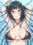  1girl absurdres armpits arms_behind_head arms_up bikini black_bikini black_hair blue_archive blunt_bangs blush breasts breasts_apart closed_mouth collarbone commentary halo highres large_breasts long_hair looking_at_viewer micchan_(micchanmeido) raised_eyebrows red_eyes solo string_bikini swimsuit tsurugi_(blue_archive) tsurugi_(swimsuit)_(blue_archive) underboob upper_body water wet 