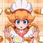  1girl absurdres baguette blue_eyes braided_hair_rings bread breasts chef_hat commentary croissant earrings food hat highres jewelry mario_(series) medium_breasts mimiipyon open_mouth orange_hair pastry_chef_peach plaid plaid_background princess_peach princess_peach:_showtime! puffy_short_sleeves puffy_sleeves short_sleeves smile solo twitter_username underwear 