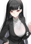  1girl black_hair black_jacket blue_archive blunt_bangs breasts commentary hair_ornament highres holding jacket large_breasts long_hair long_sleeves looking_at_viewer luse_maonang parted_lips red_eyes rio_(blue_archive) simple_background solo turtleneck 