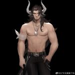  1boy abs absurdres animal_ears arknights bara brown_eyes brown_hair cow_boy cow_ears cow_horns dog_tags feet_out_of_frame highres horns long_hair looking_at_viewer male_focus matterhorn_(arknights) mature_male muscular muscular_male navel navel_hair nipples pectorals solo steve_zheng stomach thick_eyebrows topless_male 