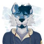  allister_smith_(woopaws) anthro beard canid canine canis clothing eyewear facial_hair glasses hi_res hoodie male mammal sly smile solo topwear wolf woopaws 