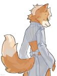  1boy animal_ears animal_nose clothing_request commentary fox_boy fox_ears fox_mccloud fox_tail from_behind furry furry_male green_eyes long_sleeves male_focus pruh simple_background snout solo standing star_fox tail white_background 