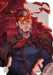  1boy absurdres armor bara beard cape collared_shirt commission facial_hair headband highres indie_virtual_youtuber looking_to_the_side male_focus mature_male multicolored_hair muscular muscular_male onion_holic pauldrons pectorals red_cape red_hair red_headband ryuugen_drake scar scar_across_eye second-party_source shirt short_hair shoulder_armor single_pauldron solo streaked_hair upper_body white_hair 