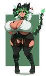  absurd_res big_breasts black_hair black_sclera breasts cleavage clothed clothing demon demon_humanoid female forked_tail green_eyes green_hair hair hands_behind_head hi_res horn huge_breasts huge_thighs humanoid hyper hyper_breasts multicolored_hair open_mouth pointed_tail sakanadaze solo standing tail thick_thighs under_boob unknown_character unusual_anatomy unusual_tail wide_hips 