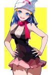  1girl bare_arms bare_shoulders beanie black_shirt blue_eyes blue_hair blue_nails breasts cleavage contrapposto cowboy_shot dark_blue_hair dawn_(pokemon) eyeshadow hair_ornament hairclip hands_on_own_hips hat head_tilt highres long_hair looking_at_viewer makeup medium_breasts miniskirt open_mouth pink_skirt poke_ball_print pokemon red_scarf scarf shirt simple_background skirt sleeveless sleeveless_shirt smile solo thigh_gap thighs tor_(torkrub111) white_headwear yellow_background 