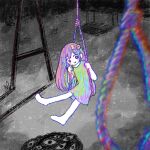  1girl aubrey_(headspace)_(omori) aubrey_(omori) bow child crayon_(medium) disembodied_eye dress hair_bow holding holding_rope long_hair looking_at_viewer multicolored_clothes multicolored_hair noose omori partially_colored playground rope short_sleeves smile solo sun_iiinu swing_set traditional_media 