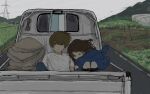  1boy 1girl black_eyes black_shirt black_socks blue_jacket brown_hair closed_eyes closed_mouth covered_mouth daihatsu day denim expressionless field floating_hair grey_sky highres jacket jeans knee_up kneehighs leaning_on_person looking_at_viewer medium_hair motor_vehicle nibi_2222 original outdoors pants pickup_truck power_lines road rope rural sandbag shirt short_hair short_sleeves sitting socks t-shirt transmission_tower truck white_shirt 