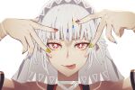  1girl :p altera_(fate) arms_up bare_shoulders blue_nails blunt_bangs fate/grand_order fate_(series) fingernails forehead_protector grey_hair i-pan long_fingernails looking_at_viewer nail_polish red_eyes red_nails short_hair smile solo tongue tongue_out upper_body veil yellow_nails 