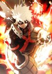  1boy abstract_background alternate_eye_color annoyed arm_at_side bakugou_katsuki belt black_mask blonde_hair bloom blurry boku_no_hero_academia depth_of_field dutch_angle energy explosion explosive eye_mask film_grain glowing grenade hair_between_eyes hand_up headgear high_collar highres looking_at_viewer male_focus no-kan orange_eyes sanpaku scowl short_hair single_horizontal_stripe solo spiked_hair teeth uneven_eyes upper_body x 