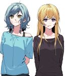  2girls aqua_hair aqua_shirt arms_behind_back bang_dream! black_shirt blonde_hair blood bow braid breasts bruise bruise_on_face collarbone expressionless hair_bow half_updo highres hikawa_hina injury looking_ahead medium_breasts multiple_girls nosebleed off-shoulder_shirt off_shoulder shirasagi_chisato shirt simple_background single_bare_shoulder smile upper_body white_background zihacheol 