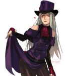  1other alternate_color androgynous ascot bare_shoulders black_pantyhose clothes_lift collar fingerless_gloves gloves grey_hair guilty_gear guilty_gear_strive hat hat_ornament highres lifted_by_self long_hair looking_at_viewer one_eye_closed other_focus pantyhose purple_headwear purple_skirt red_ascot red_eyes red_gloves skirt skirt_lift skull_hat_ornament smile studded_collar testament_(guilty_gear) tirtyturtle top_hat 