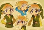  1boy artist_name closed_eyes closed_mouth commentary green_shirt hat hat_removed headwear_removed link looking_at_viewer multiple_persona open_mouth pointy_ears shirt short_hair simple_background smile the_legend_of_zelda the_legend_of_zelda:_the_wind_waker tokuura 